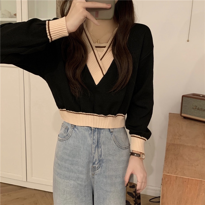Áo sweater nữ dệt kim tay dài cổ V thời trang phong cách Hàn Quốc