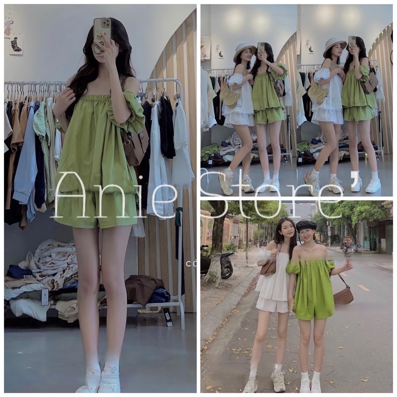 Bộ Trễ Vai Nữ Tay Bồng 🦋 Set Quần Short Ống Rộng Kèm Áo Hở Vai 2 Màu 🦋