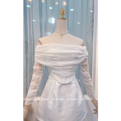 (Ảnh và video tự chụp) set áo voan trễ vai dài tay corset kèm chân váy tafta