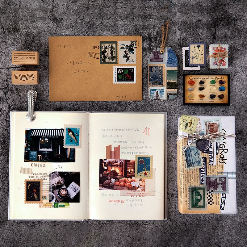 Set 46 miếng tem dán trang trí sổ tay, sổ lưu niệm, trang trí studio hoặc dùng làm phụ kiện chụp ảnh sản phẩm.v.v...