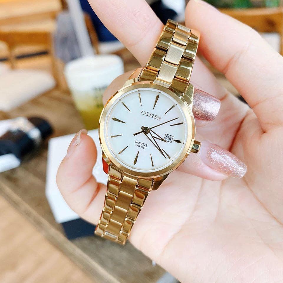 Đồng hồ Nữ Citizen EU6072-56D Mặt trắng,xà cừ,Lịch ngày,Kim dạ quang-Máy Pin Quartz-Dây kim loại mạ vàng-Size 28mm