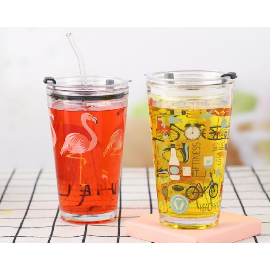 cốc nước hồng hạc BN26 thuỷ tinh bình nước 300ml - 450ml bình nước cute bình nước dễ thương