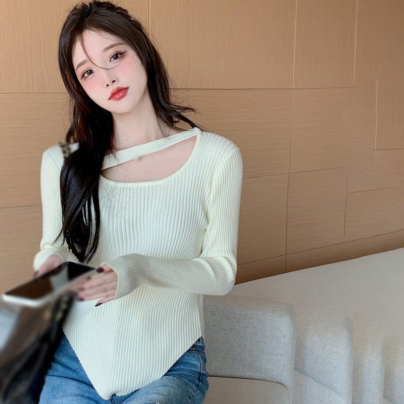 Áo Sweater Dệt Kim Tay Dài Dáng Ôm Màu Sắc Trơn Gợi Cảm Cho Nữ