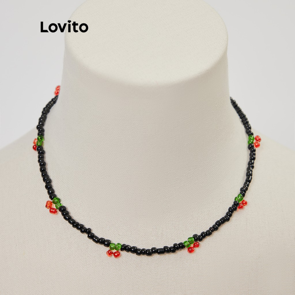 Dây chuyền Lovito hạt bằng nhựa nhiều màu hình trái cherry phong cách boho L233L233 (màu đen/ trắng)