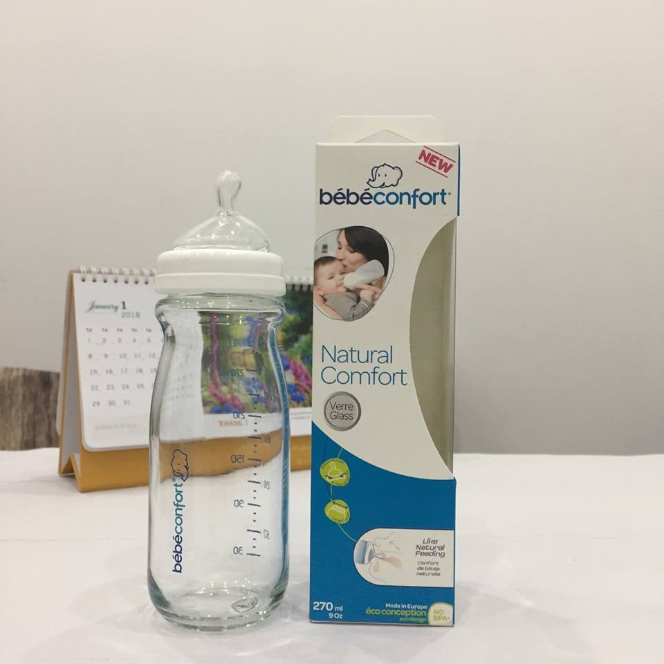 Bình sữa cho bé sơ sinh chống sặc nhập khẩu cổ rộng Bebeconfort thủy tinh made in Pháp 130ml &amp; 270ml