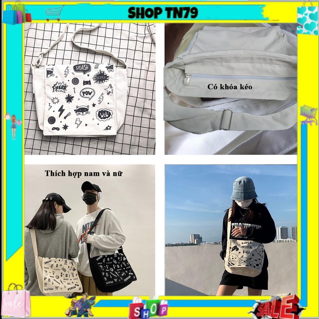 Túi tote vải đeo chéo canvas unisex cao cấp đựng vừa khổ a4 đi học đi chơi Hàn Quốc