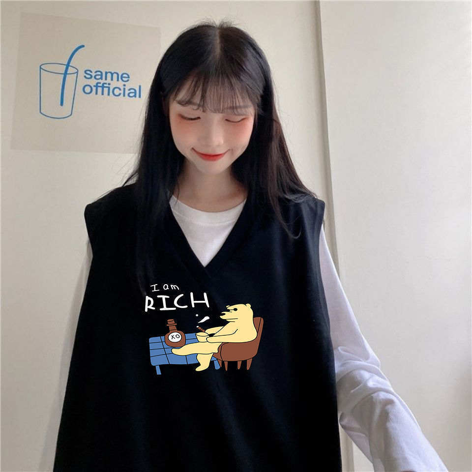 Áo cổ V không tay dáng rộng kiểu Hàn Quốc xinh xắn cho bạn nữ