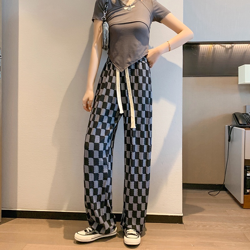SUXI Quần Dài Lưng Cao Ống Rộng Họa Tiết Sọc Caro Thời Trang Mùa Hè Cho Nữ