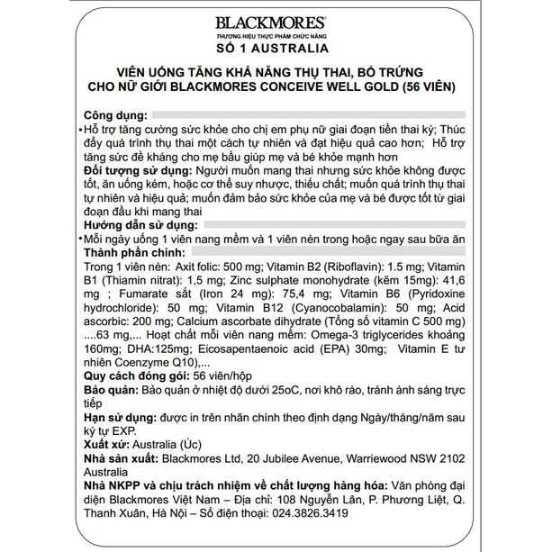 [Chính hãng Úc] Viên uống tăng khả năng thụ thai, bổ trứng cho nữ giới Conceive Well Gold Blackmores Úc 56 viên-Date mới