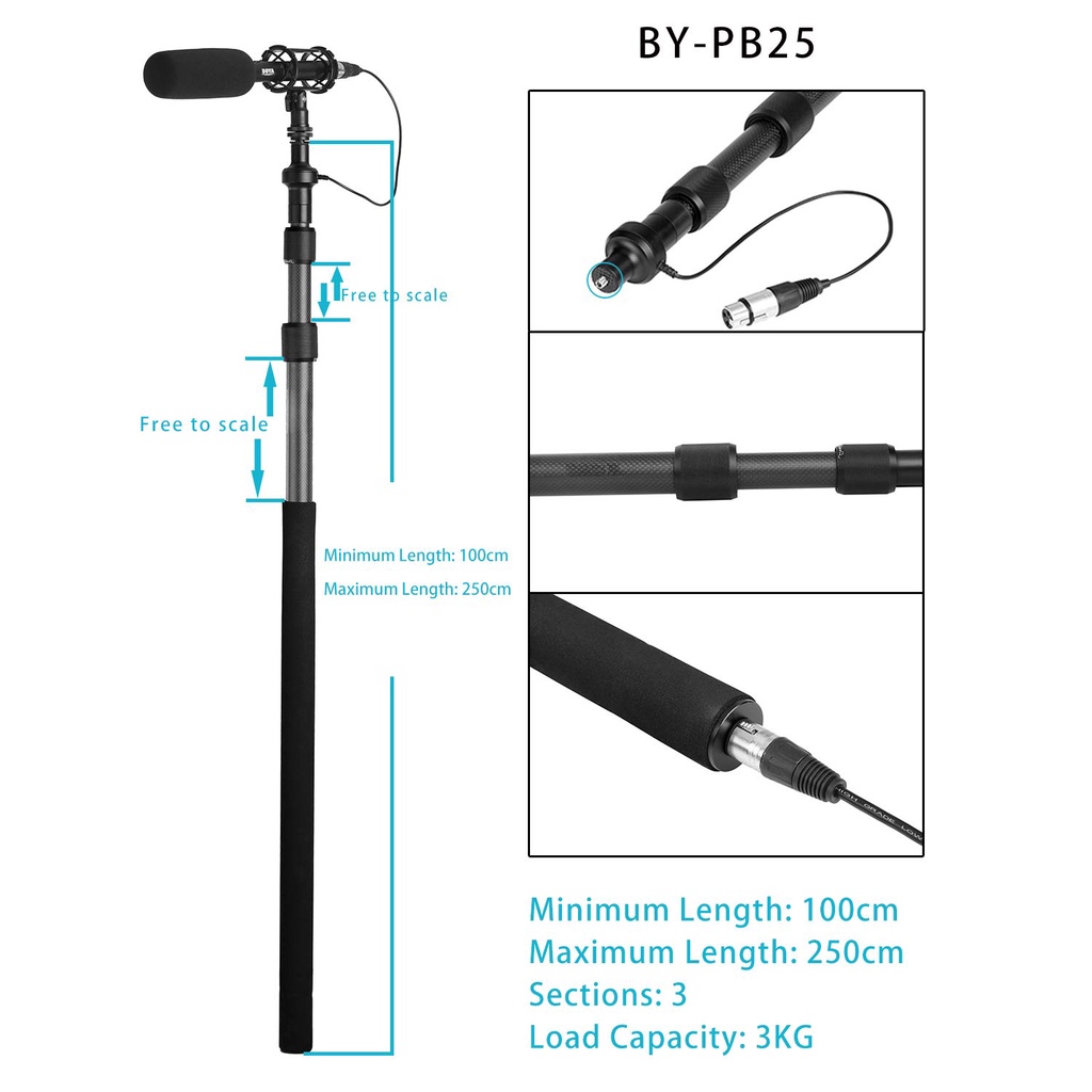 BOYA BY-PB25 - Hàng Chính Hãng - Boompole tích hợp cáp nối cổng XLR hỗ trợ thu âm/phỏng vấn