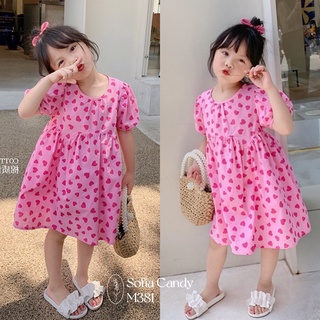 Váy hè cộc tay bé gái đi chơi, đi biển hồng trái tim rất xinh xắn Xu Xu Kids cho bé gái 8-30kg