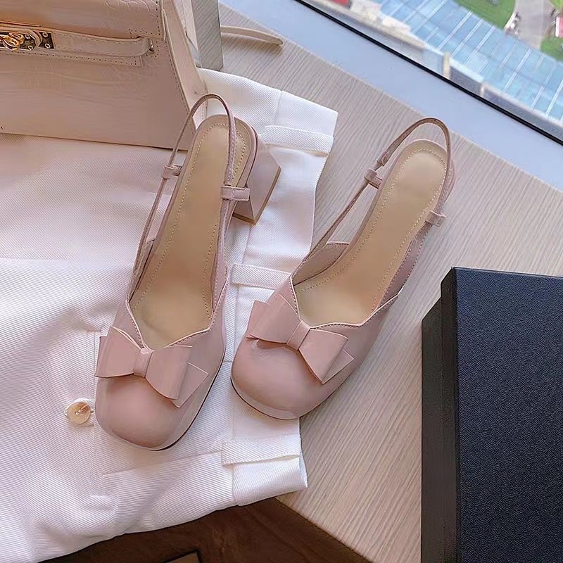 Giày Sandal Cao Gót Hở Ngón Màu Hồng Nude Thiết Kế Thắt Nút Sau Lưng Phong Cách Pháp