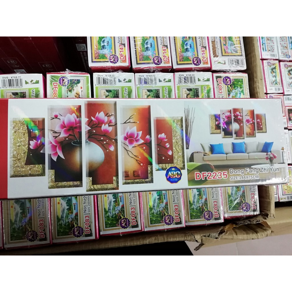 Tranh đính đá 5D Bình Hoa Sen 5 bức DF2235 - KT: 144x75cm ( tranh chưa đính đá)