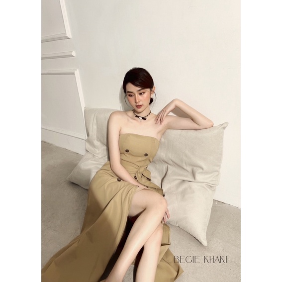 Váy H.I.U ROOM cup ngực thiết kế dáng dài midi, beige dress khaki H.I.U design 2022. | BigBuy360 - bigbuy360.vn