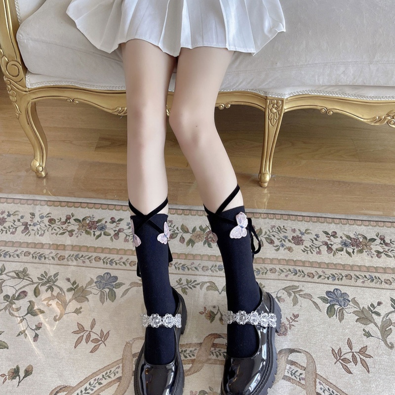 Vớ Cotton Cổ Thuyền Cột Dây Họa Tiết Bướm 3D Phong Cách Lolita Cho Nữ