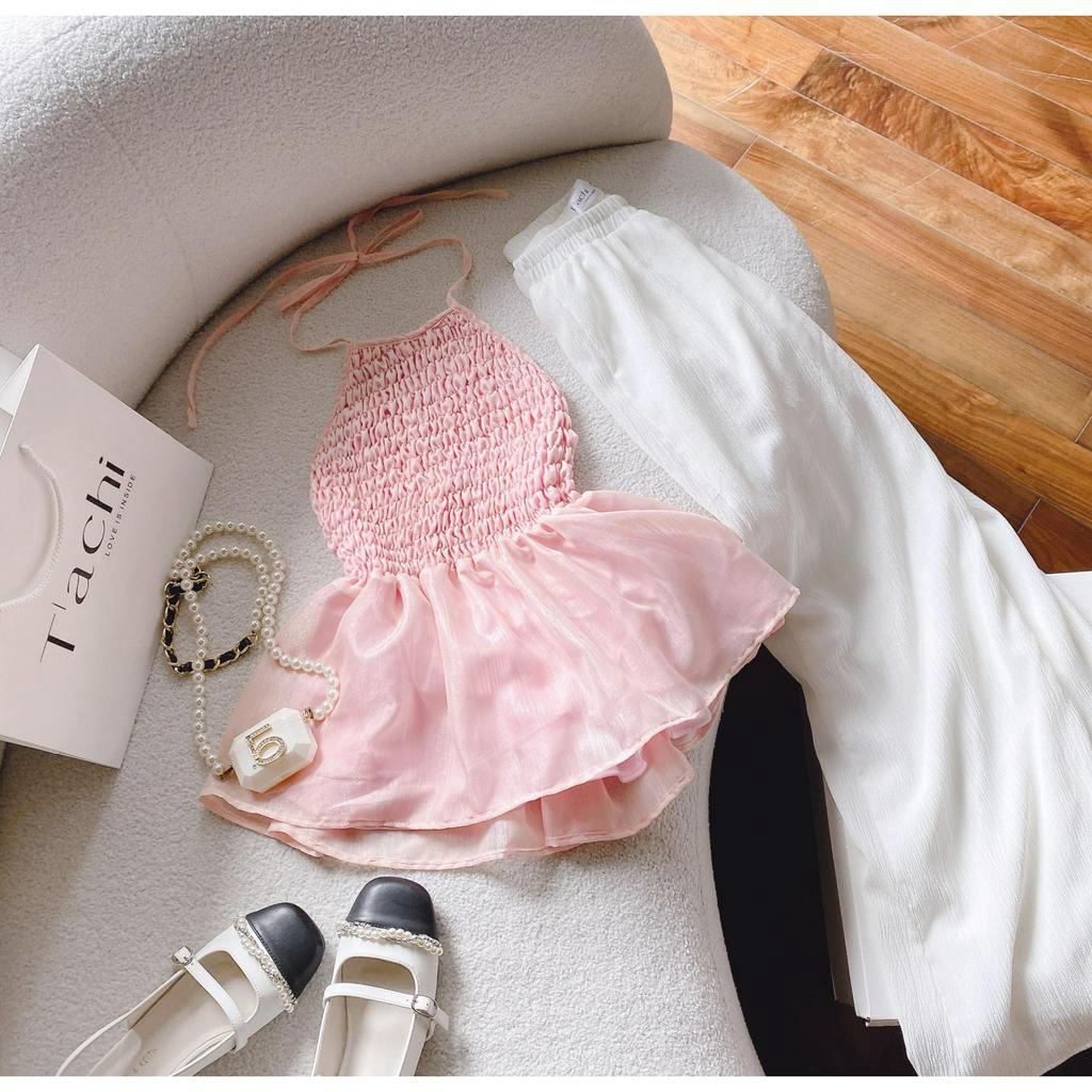 SET ÁO HỒNG YẾM NHÚN CHỈ VOAN XOÈ + QUẦN SUÔNG TRẮNG