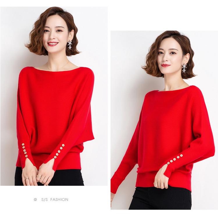 Áo len nữ Quảng Châu cánh dơi tay khuy bo gấu thanh lịch freesize MS842