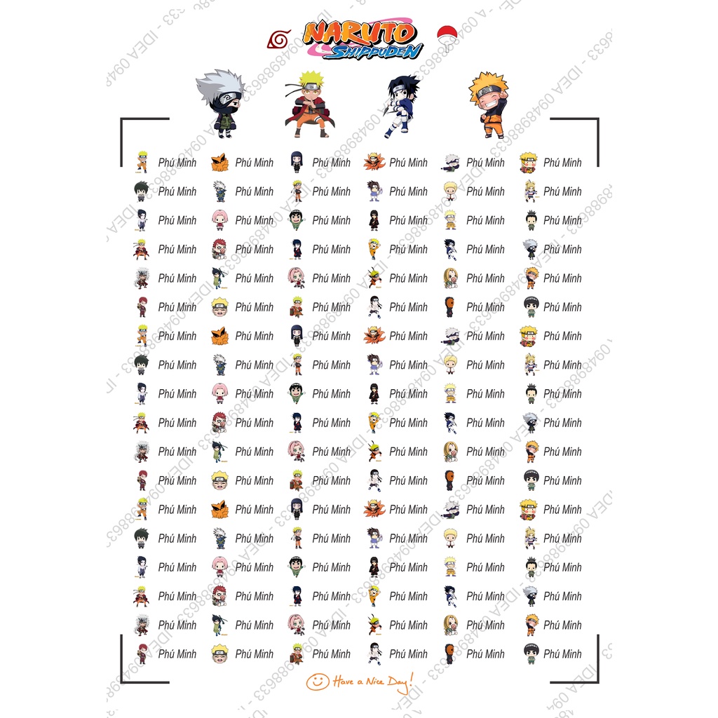 108 Sticker NARUTO dán đồ dùng học tập in tên riêng