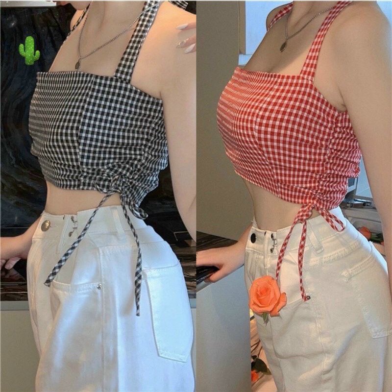 Áo croptop cổ yếm kẻ caro trẻ trung, áo yếm ulzzang