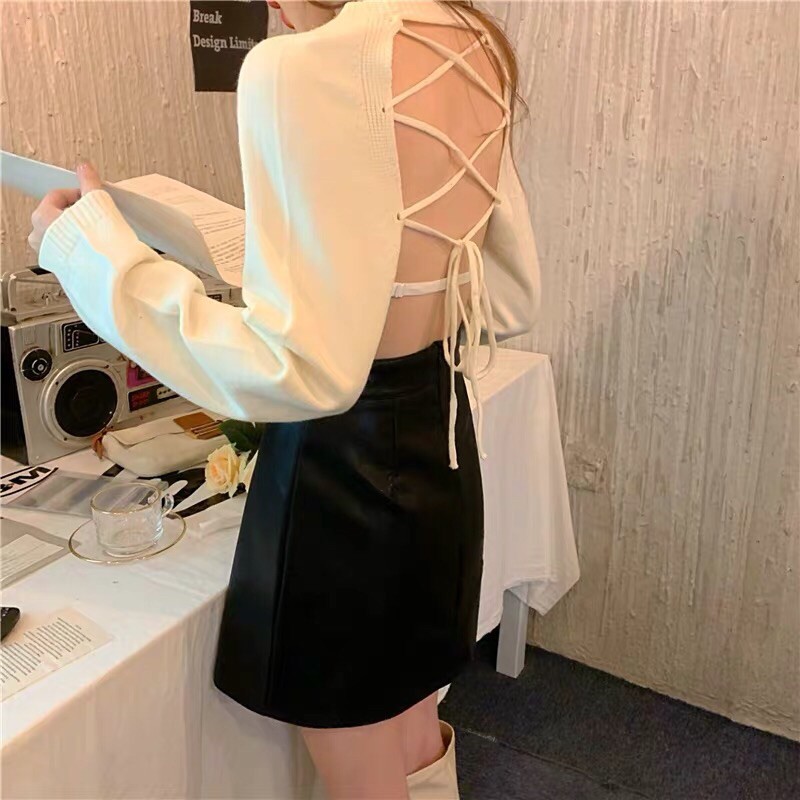 ÁO LEN CROPTOP 🎀[Có ảnh thật]🎀 TAY DÀI HỞ LƯNG DÂY ĐAN CHÉO ✨ PHONG CÁCH HÀN QUỐC QUYẾN RŨ DỄ THƯƠNG