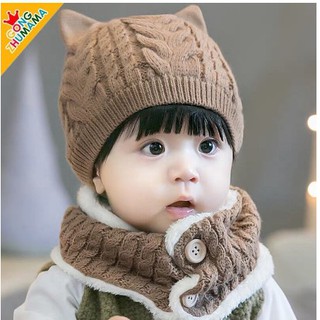 Mũ len, Nón len cho bé có kèm khăn quàng cài cúc- dùng cho cả bé trai và bé gái từ 6 tháng đến 4 tuổi