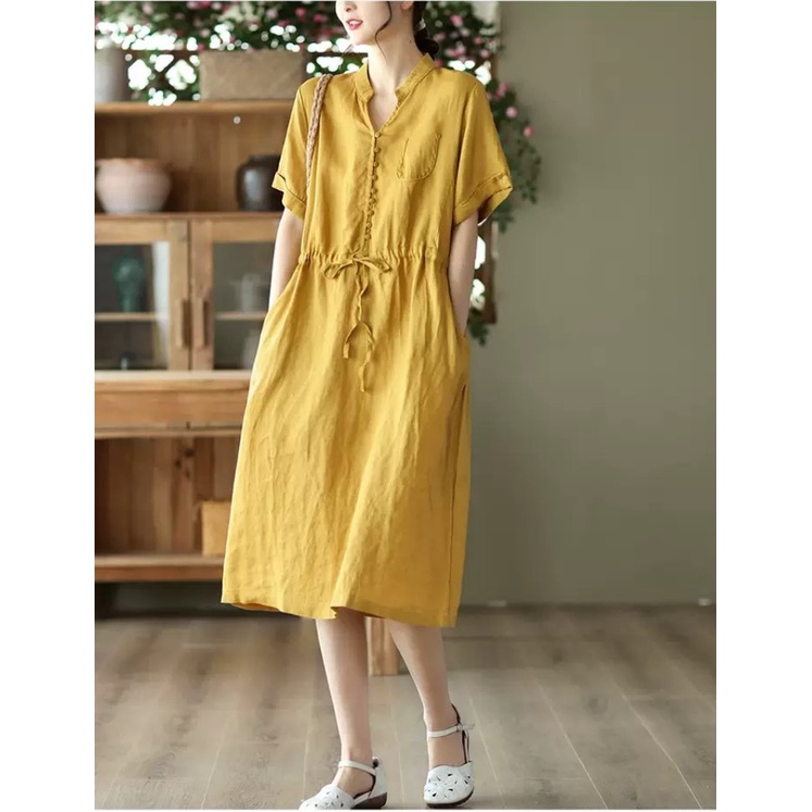 {Hàng sẵn} Đầm linen dáng suông  cổ tim ngắn tay rút eo phong cách thanh lịch
