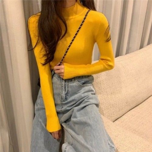 Áo dệt kim dài tay cổ cao thiết kế thời trang cho nữ
