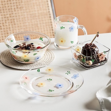 Bộ chén dĩa thủy tinh chịu nhiệt họa tiết hoa dễ thương chất lượng cao