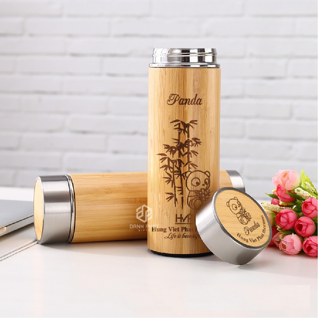 Bình nước giữ nhiệt vỏ gỗ tre cao cấp dung tích 550ml khắc tên theo yêu cầu làm quà tặng hay và ý nghĩa tặng kèm túi vải