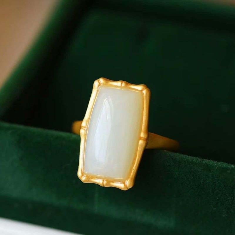 Nhẫn Mở Hình Đốt Tre Màu Trắng Ngọc Bích Phong Cách Cổ Điển Thời Trang Cho Nữ