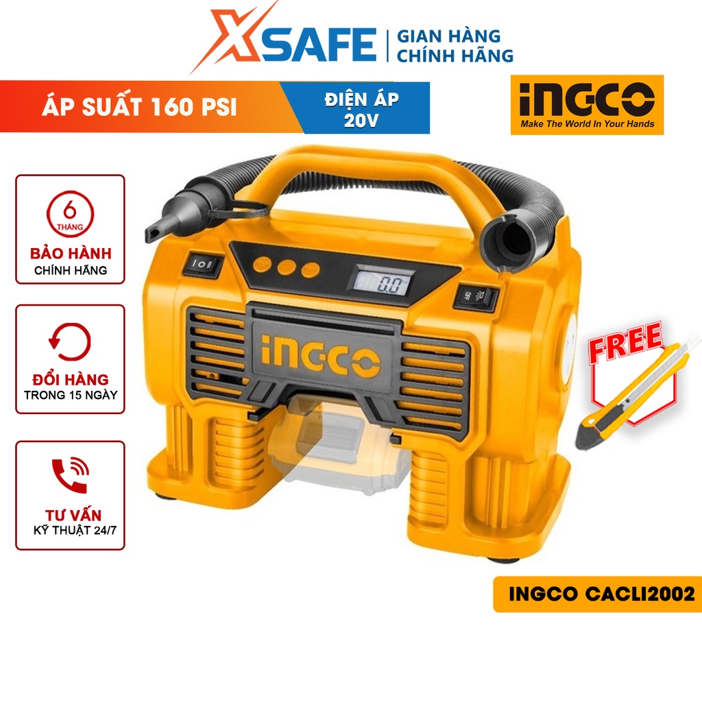 Máy bơm hơi lốp xe dùng pin INGCO CACLI2002 20V Dụng cụ kiểm tra lốp xe ô tô kèm 1 đầu nối tròn, nối bơm bánh xe nối hơi