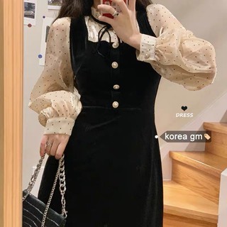 đầm nhung liền áo voan korea