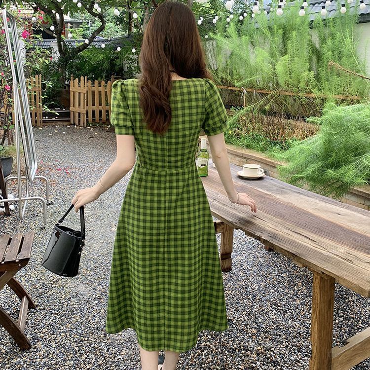 Đầm Tay Ngắn Cổ Vuông Dáng Chữ A Họa Tiết Sọc Caro Phong Cách Hàn Quốc Thời Trang Cho Nữ