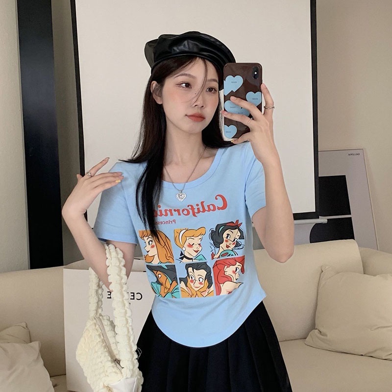 IELGY Áo Thun Tay Ngắn Hở Vai In Họa Tiết Hoạt Hình Màu Trơn Thời Trang Cho Nữ