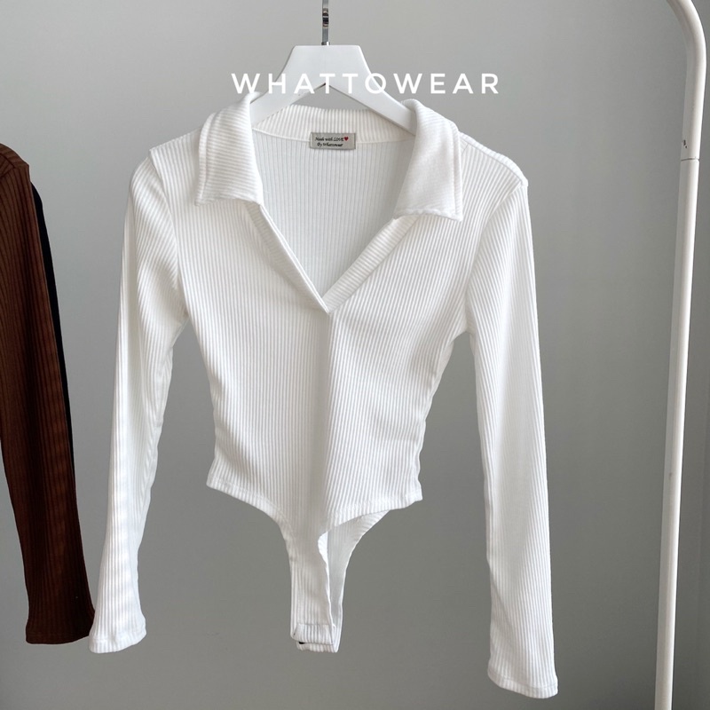 Bodysuit cổ polo tay dài thun gân len