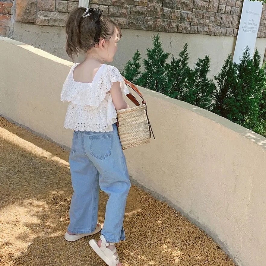 Bộ Áo Sơ Mi Denim Phối Ren + Quần Dài Phong Cách Nhật Hàn Thời Trang Mới 2022 Cho Bé Gái