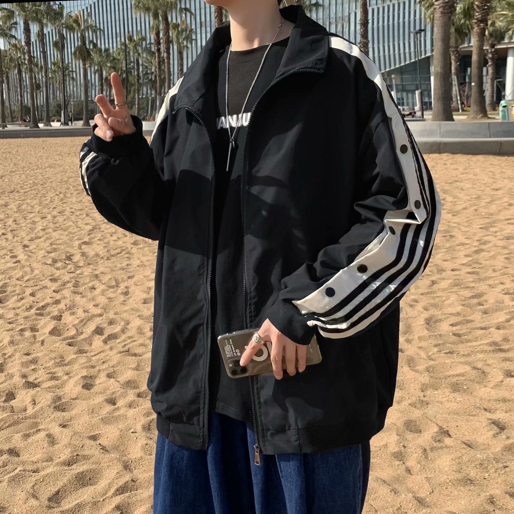 Áo Khoác Cổ Đứng Dáng Rộng Họa Tiết Kẻ Sọc Thời Trang Hàn Quốc Cho Nam