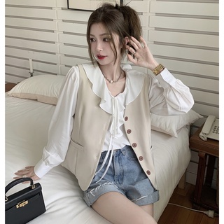 Áo sơ mi cổ chữ v tay dài nhún bèo phong cách mới 54055