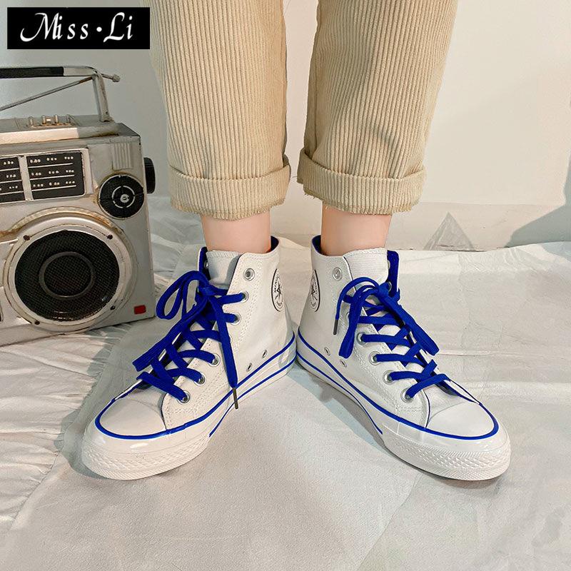 Giày Vải Canvas Màu Trắng Xanh Dương Phong Cách Thời Trang Retro Cho Nữ~2022