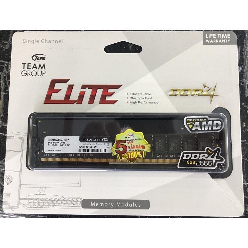 RAM PC ELITE 8GB BUS 2666 DDR4 TEAMGROUP. Bảo hành 5 năm toàn quốc