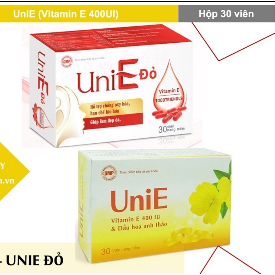 UniE - UniE đỏ, hộp 30 viên- vitamin E 400 IU và dầu hoa anh thảo, e đỏ