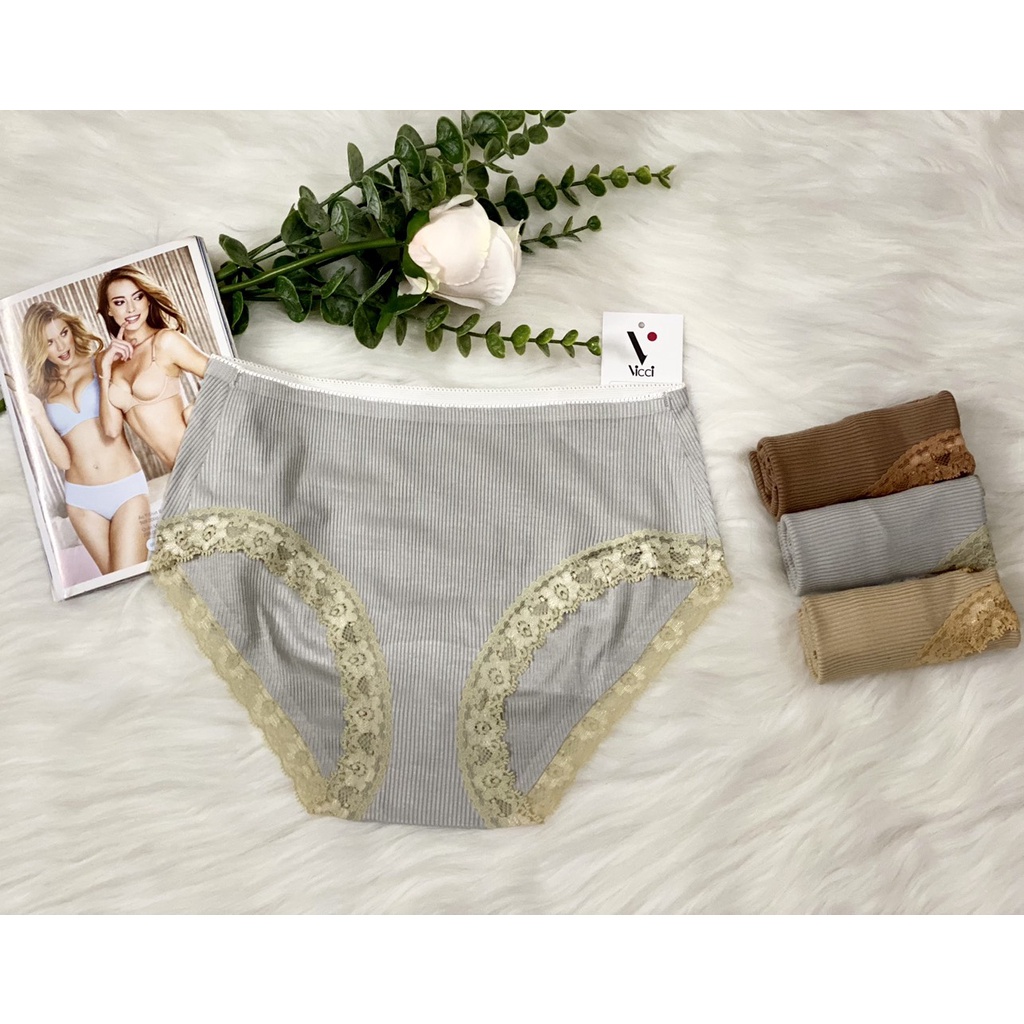 Quần lót nữ thun tăm cotton viền ren, không đường may Vicci 014 siêu kháng khuẩn, khử mùi màu Ghi