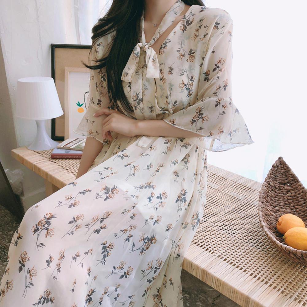 Đầm vải voan tay lửng cổ chữ V in hoa nhỏ tùy chọn màu sắc cho nữ 27922