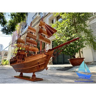 Thuyền buồm gỗ phong thủy dài 75cm, thuyền gỗ cao cấp trang trí phòng khách, quà tặng doanh nghiệp