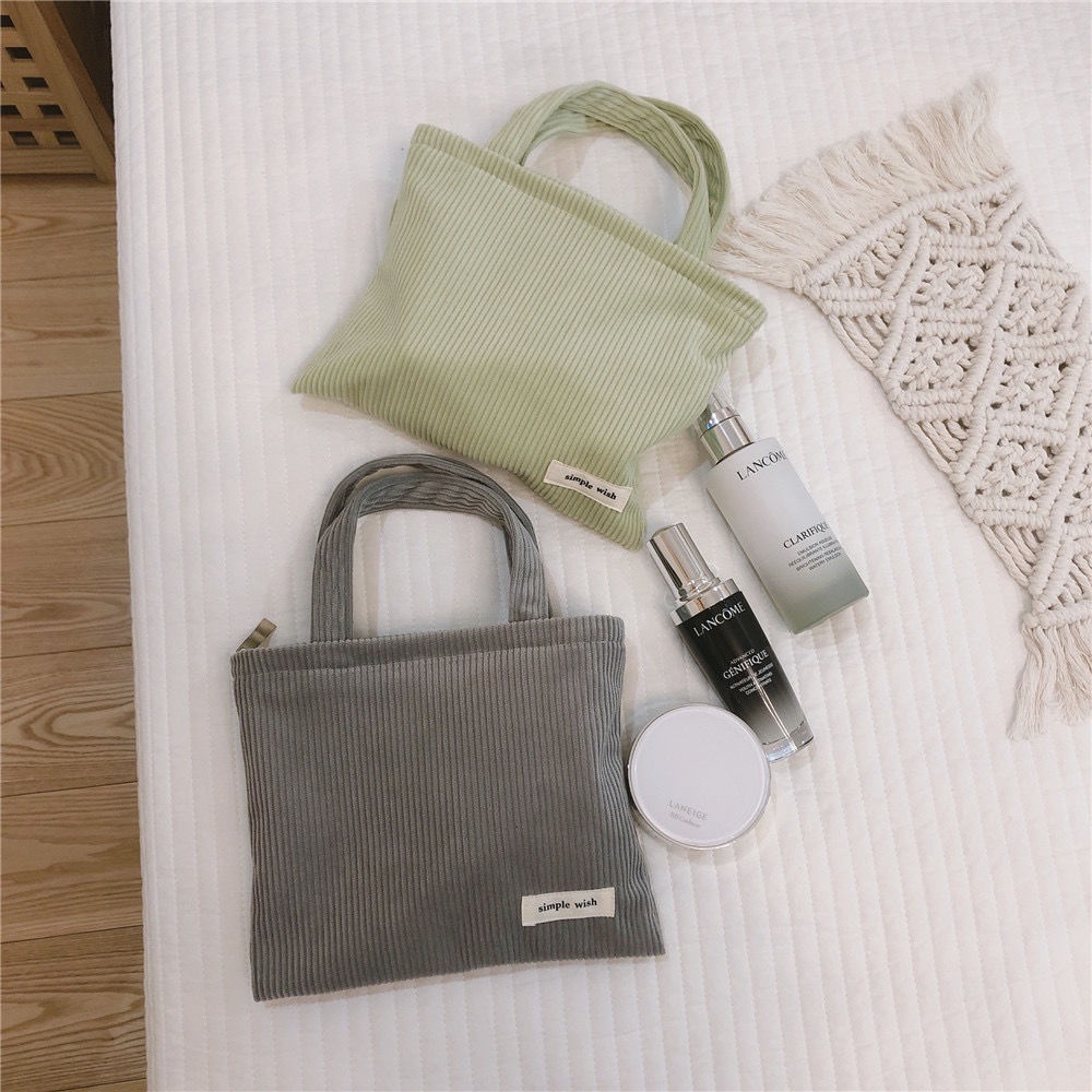 Túi Đựng Mỹ Phẩm Xách Tay Bằng Vải Nhung Kẻ Màu Sắc Đơn Giản Phong Cách Nhật Bản