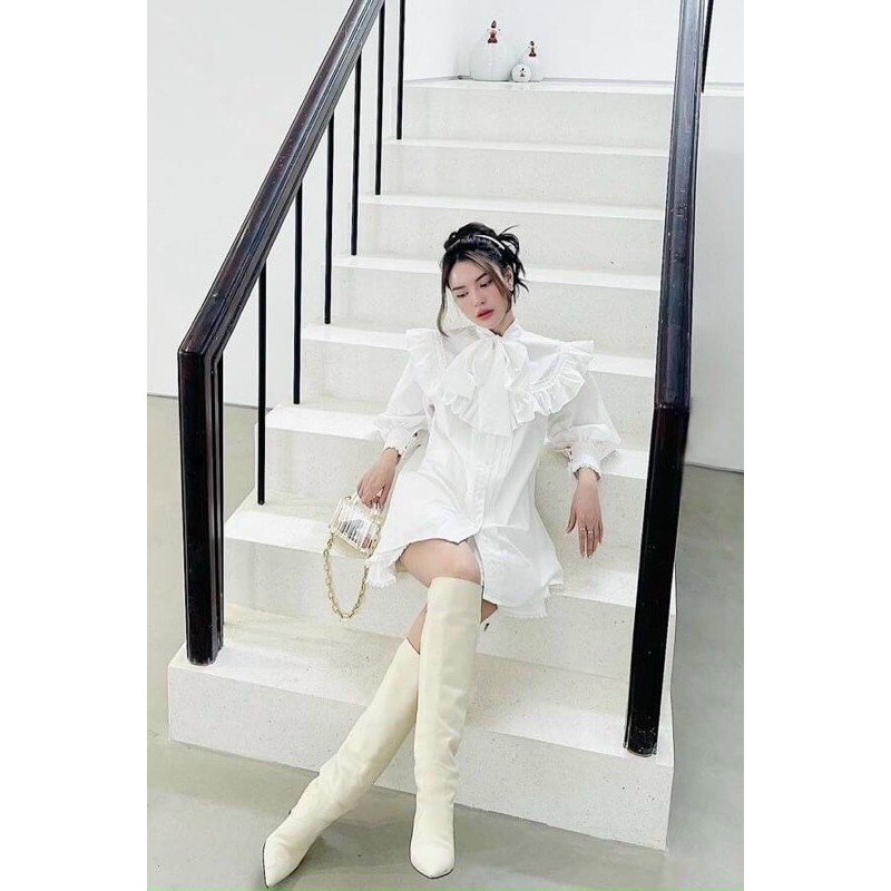 VÁY ĐẦM SƠ MI DÁNG SUÔNG CỔ NƠ PHỐI BÈO CỰC XINH