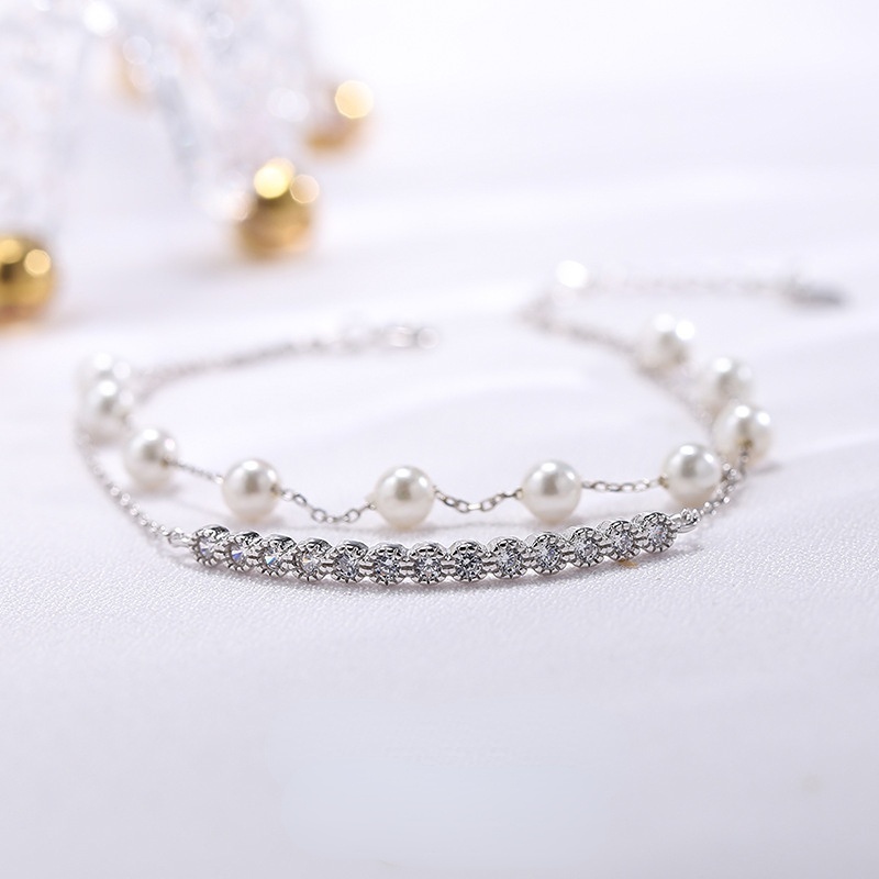 Vòng Đeo Tay Hai Lớp Bằng Bạc Sterling Đính Hạt Ngọc Trai Và Kim Cương Nhân Tạo Dành Cho Nữ