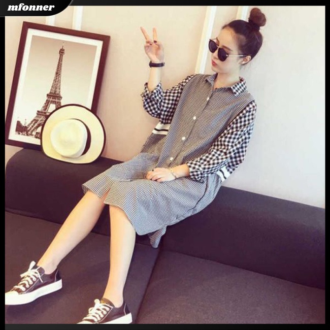 Đầm Sơ Mi Tay Dài Dáng Rộng In Họa Tiết Caro Thời Trang Mùa Xuân Cho Nữ