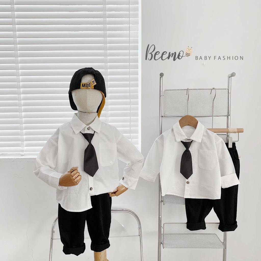 Set sơ mi kèm cavart cho bé trai Beemo, Chất liệu thô Hàn, quần kaki mềm mại B108