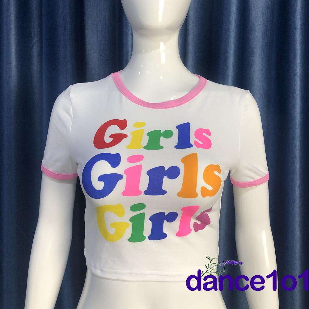 Áo Crop Top Tay Ngắn Cổ Tròn Ghép Vải In Hình Cho Nữ Khiêu Vũ1O1-Y2k